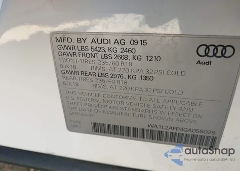 2016 Audi Q5 2.0T Premium из США, поврежденный, VIN WA1L2AFP4GA058029